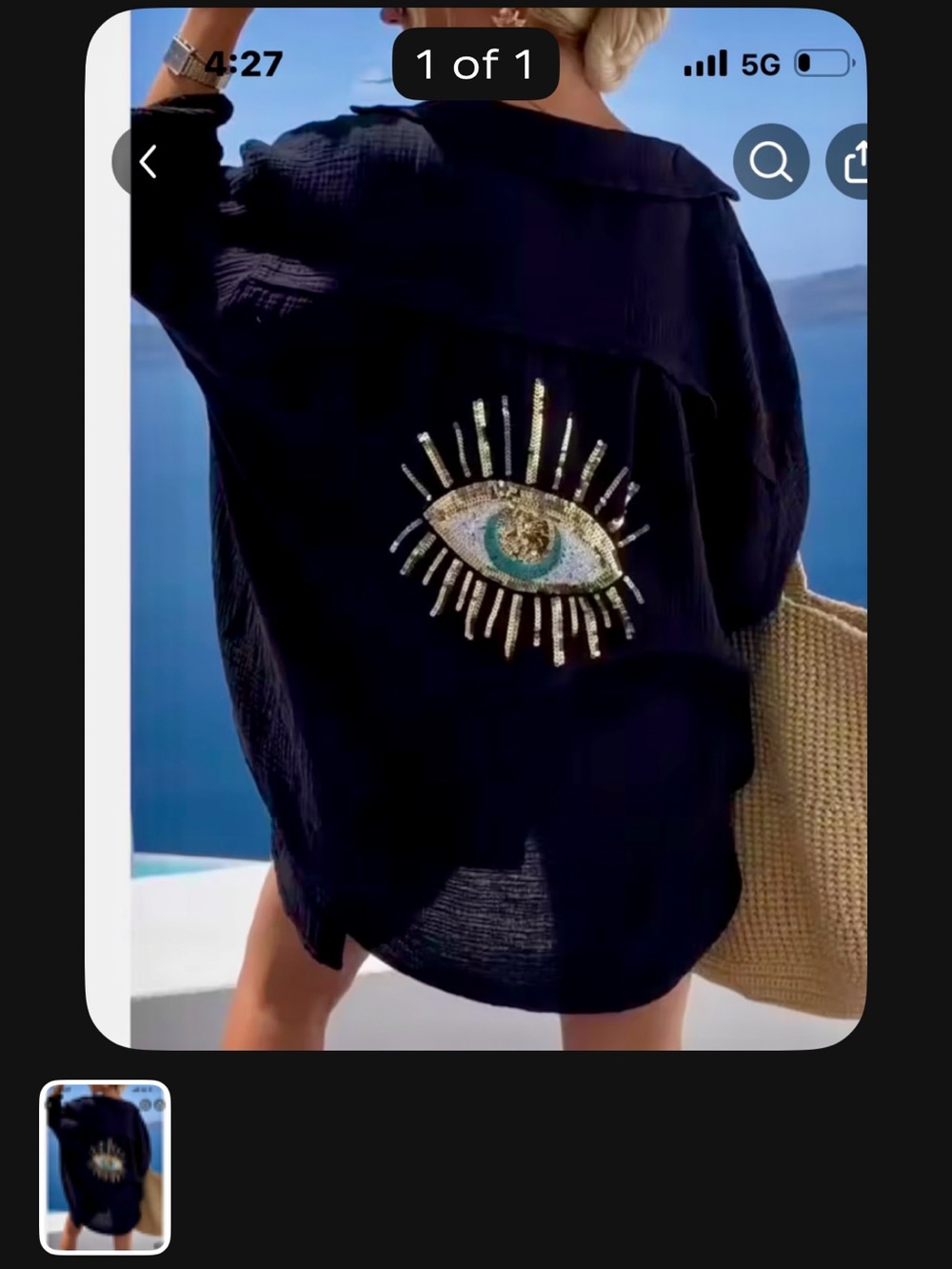 Embroidered Eye Cover-Up Shirt - Black with Gold & Teal Accent